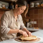 Femme adaptant une recette de gâteau français en version espagnole avec pâte d'amande dans une cuisine rustique aux carreaux de terre cuite