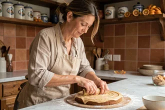 Femme adaptant une recette de gâteau français en version espagnole avec pâte d'amande dans une cuisine rustique aux carreaux de terre cuite