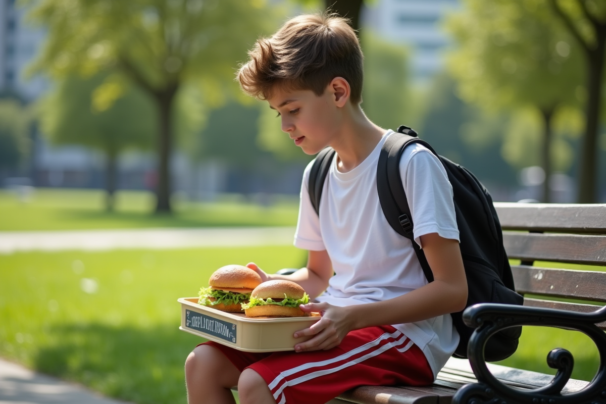 Adolescent mangeant un sandwich dans un parc urbain en plein air
