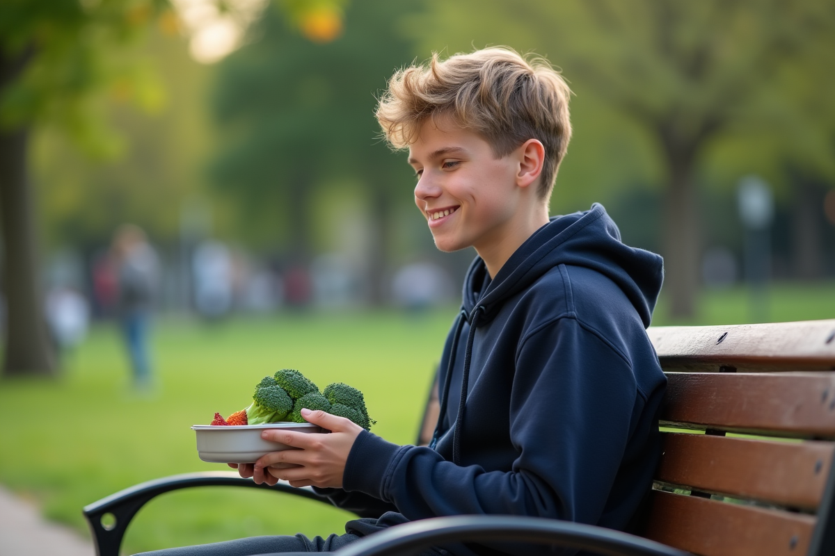 Adolescent mangeant du brocoli sur un banc de parc urbain