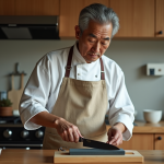 Homme japonais affutant un couteau japonais dans une cuisine moderne