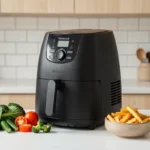 Airfryer Kitchencook posé sur un plan de travail blanc avec des frites dorées et des légumes frais dans une cuisine moderne