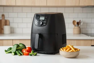 Airfryer Kitchencook posé sur un plan de travail blanc avec des frites dorées et des légumes frais dans une cuisine moderne