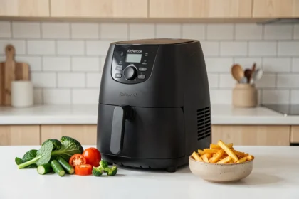 Airfryer Kitchencook posé sur un plan de travail blanc avec des frites dorées et des légumes frais dans une cuisine moderne