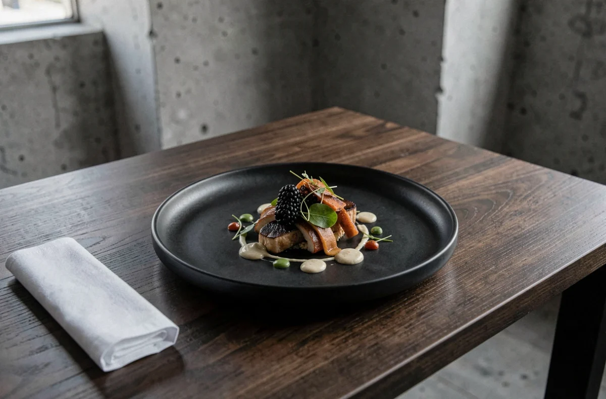 Assiette d'avant-garde au restaurant AM par Alexandre Mazzia à Marseille, présentée sur une table en bois sombre avec un dressage minutieux et créatif