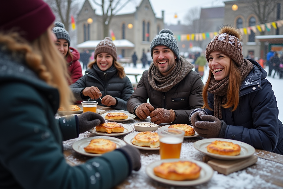 Groupe d amis riant autour d un repas d hiver au parc