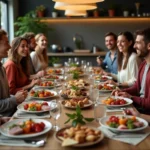 Groupe d'amis partageant un repas convivial en intérieur