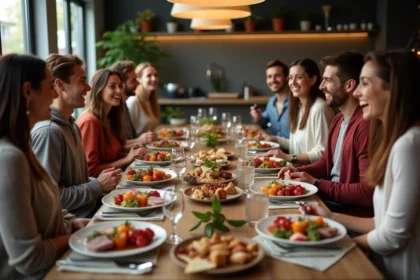 Groupe d'amis partageant un repas convivial en intérieur