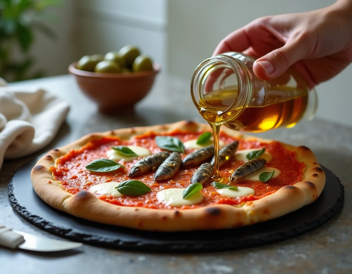 Filets d'anchois marinés déposés sur une pizza margherita chaude après cuisson