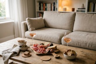 Apéro maison convivial avec plateau de charcuterie, olives et verres de rosé sur une table basse en bois rustique dans un salon cosy