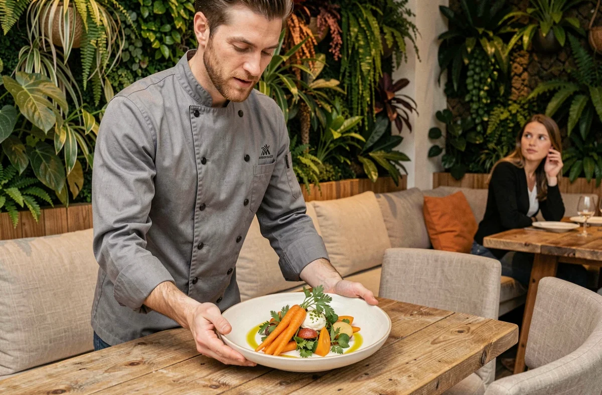 Chef d'Arborescence à Croix présentant un plat végétal créatif dans une salle au décor botanique et naturel