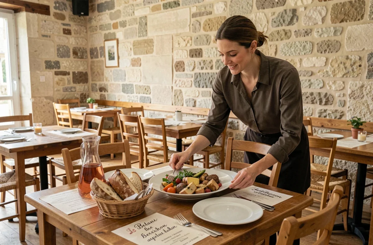 Serveuse apportant un plat de cuisine berrichonne traditionnelle à L'Aristide au Blanc, dans une salle aux murs en calcaire et mobilier en bois