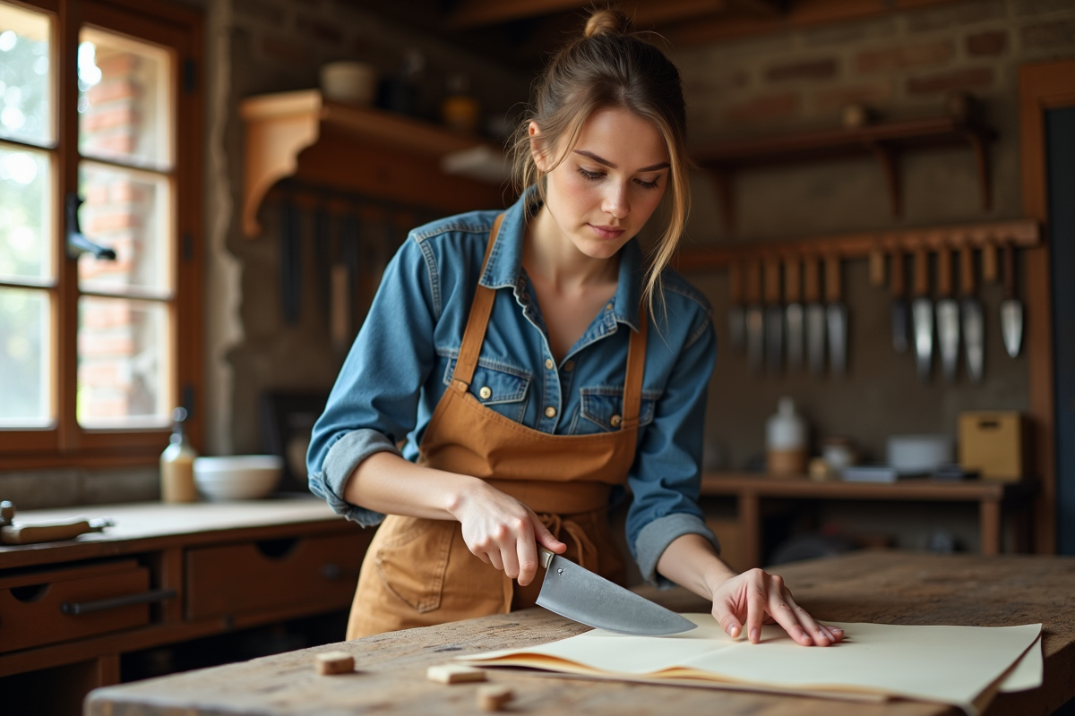 Jeune artisan coupant un papier avec un couteau finement forgé