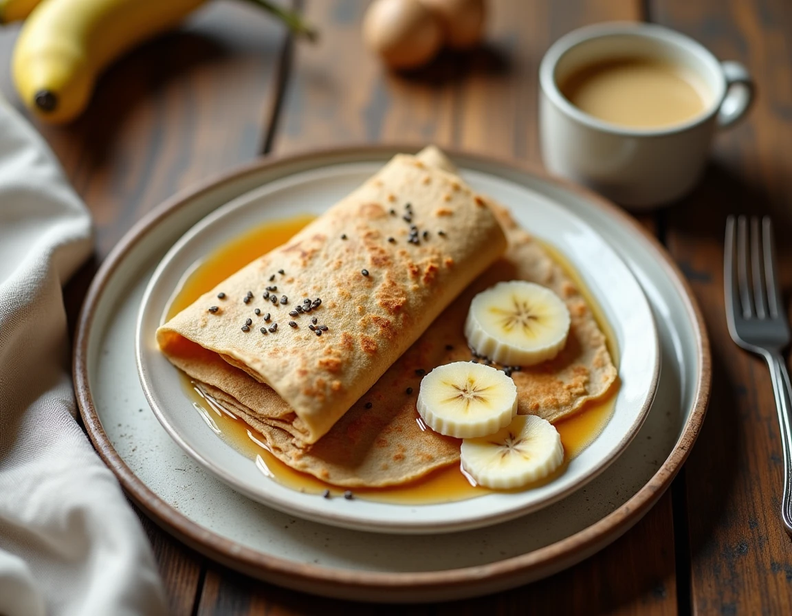 Assiette de crêpes à la farine complète garnies de banane et miel sur une table en bois rustique, vue de dessus