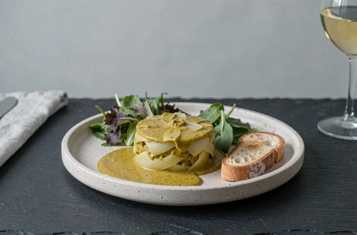 Assiette élégante de fondue de poireaux au curry accompagnée de pain de campagne grillé et de salade verte sur une table en ardoise