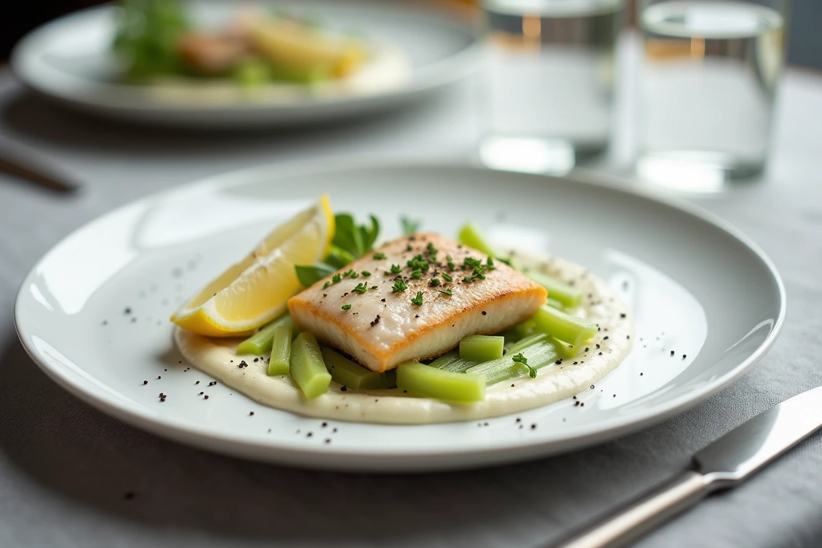 Assiette de fondue de poireaux légère accompagnée de poisson blanc et d'un quartier de citron sur une nappe en lin gris