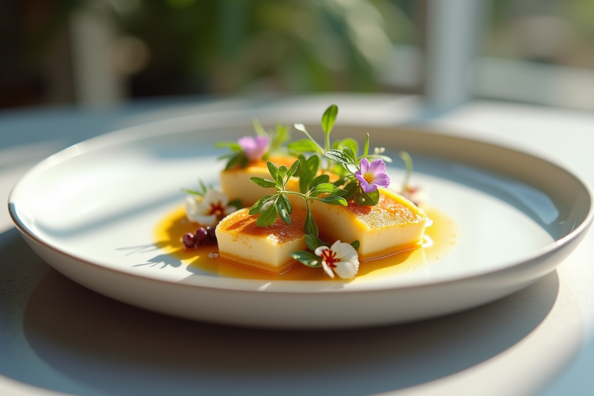 Assiette moderne avec fromage corses et microgreens en cuisine élégante