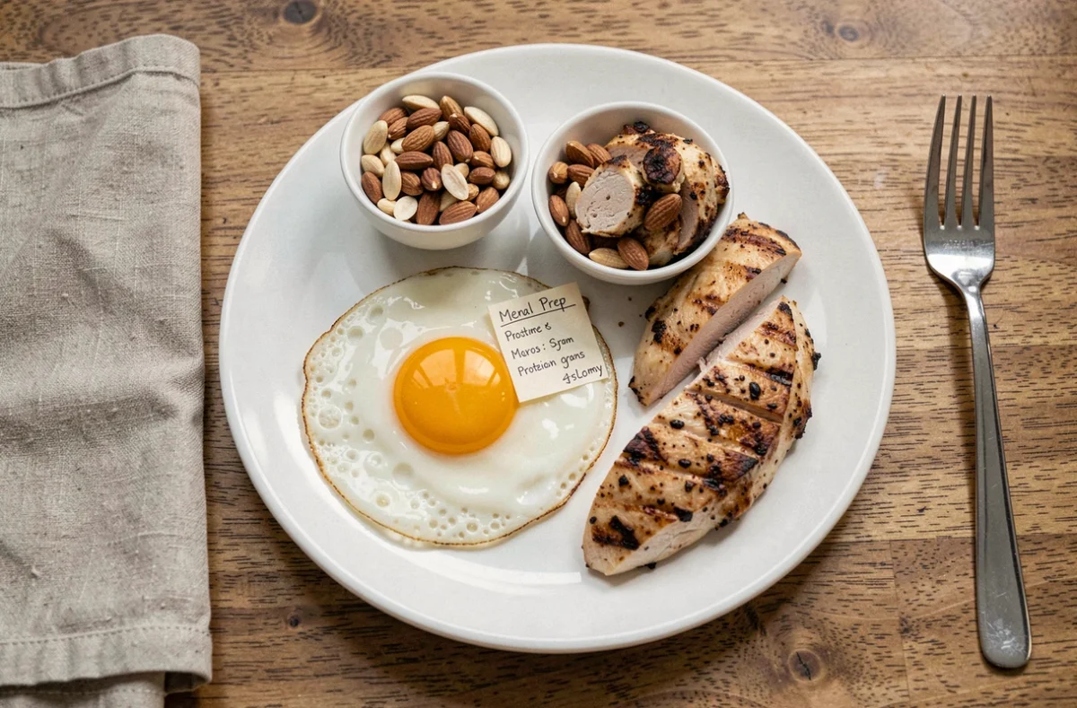 Assiette d'œufs au plat avec poulet et noix pour un repas riche en protéines adapté à la musculation