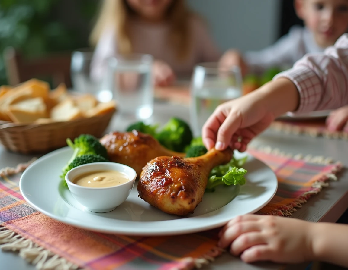 Assiette de pilons de poulet doux avec brocolis vapeur sur une table familiale, repas sain et appétissant pour enfants