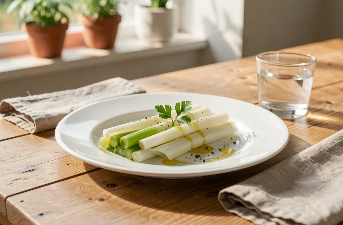 Assiette de poireaux cuits à l'eau dressée avec un filet d'huile d'olive et du persil pour un régime léger