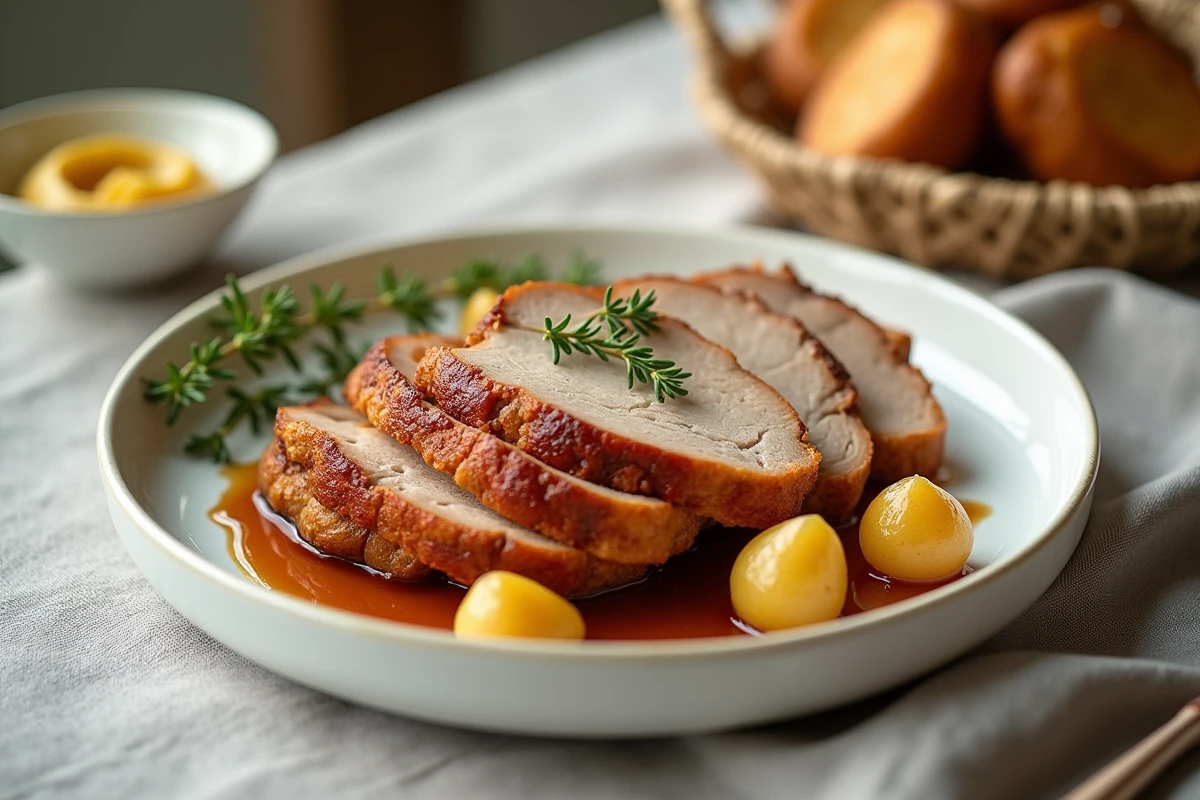 Assiette de rôti de porc tranché cuit à l'air fryer avec pommes de terre rôties, thym frais et moutarde de Dijon sur table à manger en lin