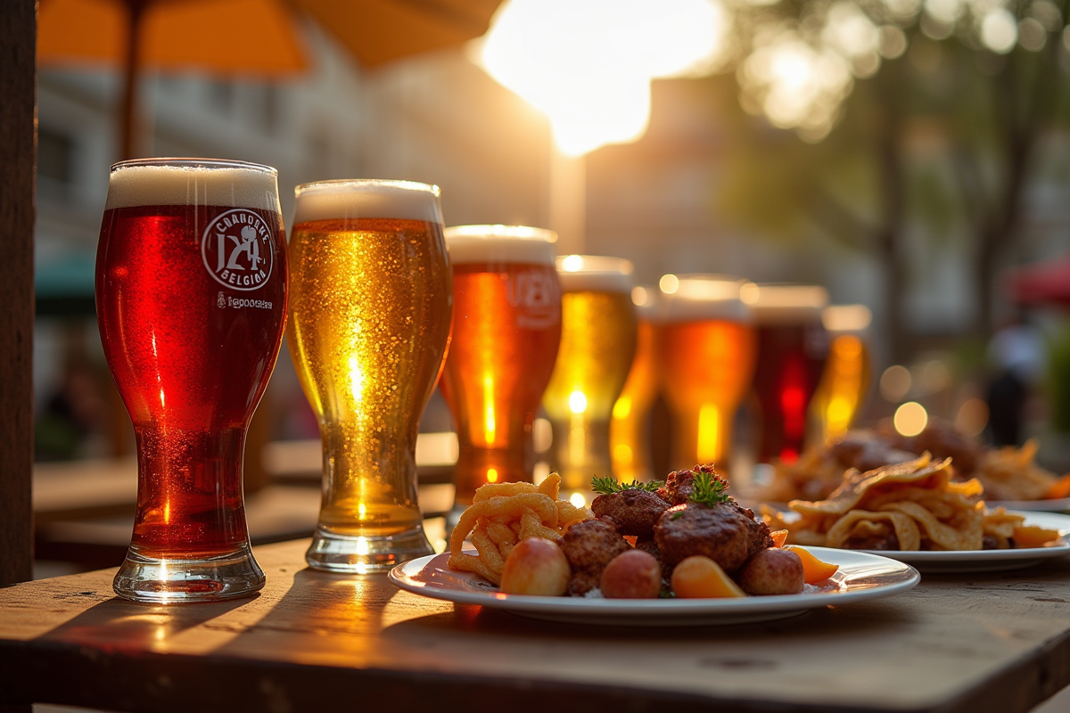 Assortiment de bières belges avec snacks sur terrasse en soirée