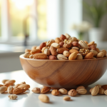 Bol en bois rempli de fruits secs riches en proteines sur comptoir lumineux