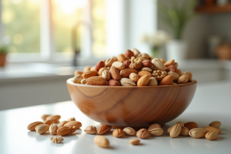 Bol en bois rempli de fruits secs riches en proteines sur comptoir lumineux