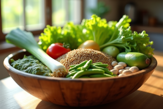 Assortiment de légumes en forme de L dans un bol en bois