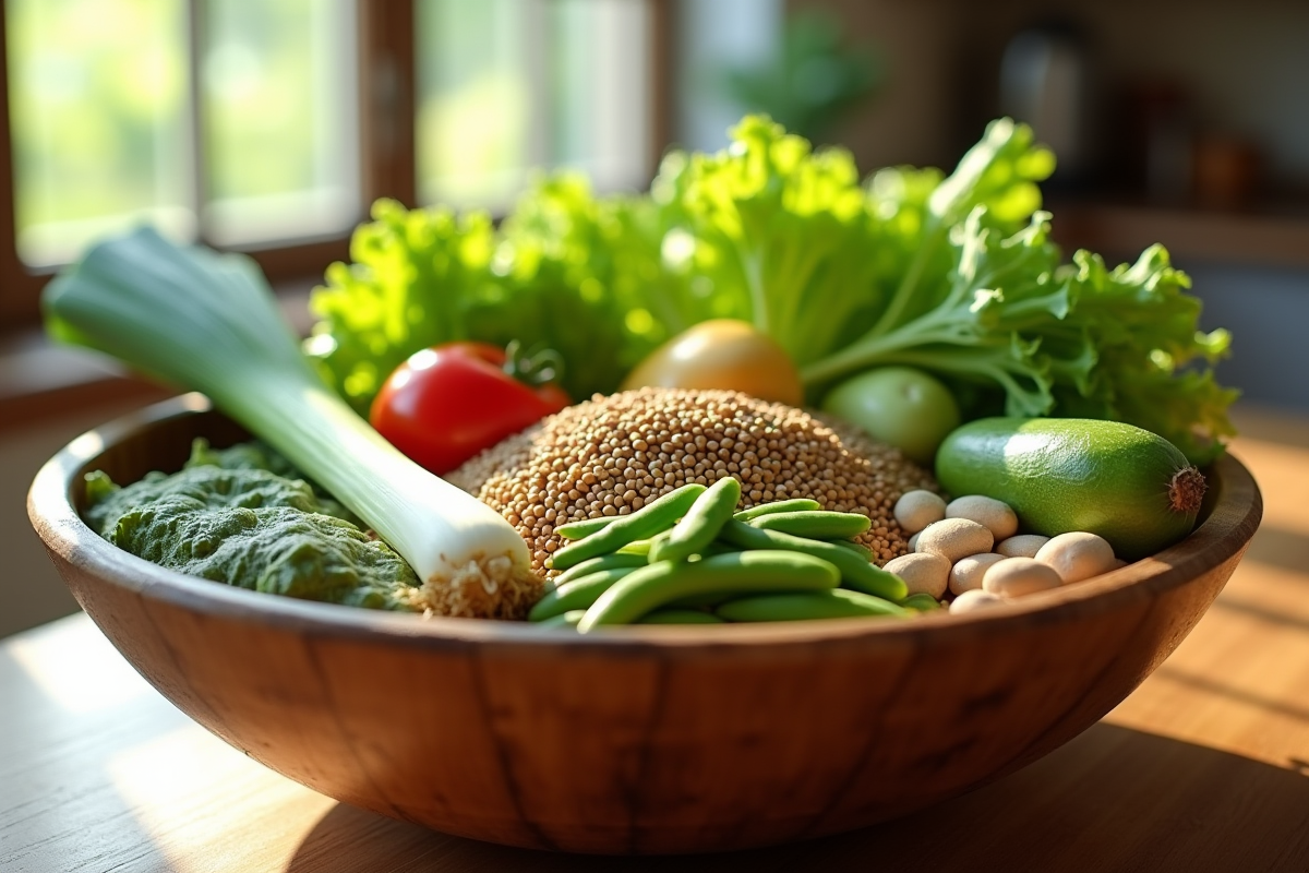Assortiment de légumes en forme de L dans un bol en bois