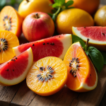 Assortiment de Zfruits exotiques tranchés sur une table en bois