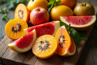 Assortiment de Zfruits exotiques tranchés sur une table en bois
