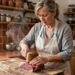 Femme qui attendrit un morceau de bœuf avec un maillet en bois sur un plan de travail en cuisine