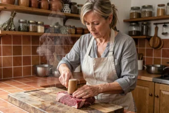 Femme qui attendrit un morceau de bœuf avec un maillet en bois sur un plan de travail en cuisine