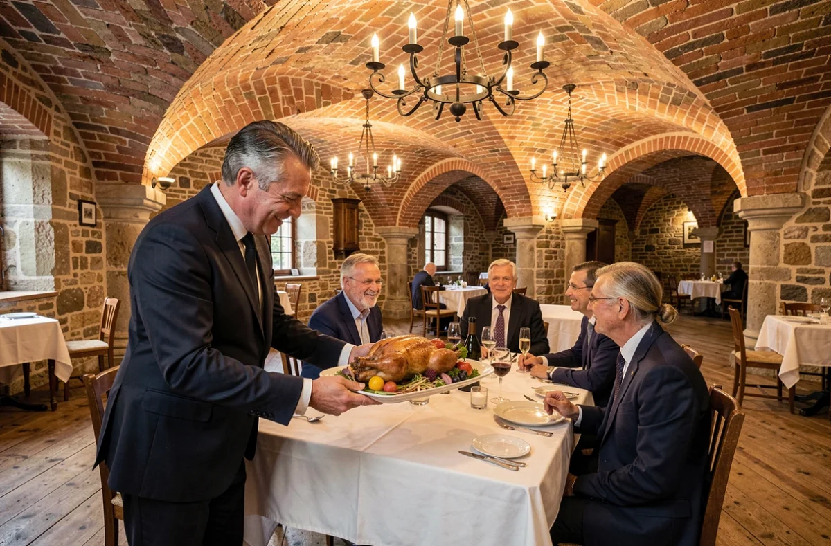 Salle voûtée en pierre de L'Auberge du Forgeron à Seclin avec service gastronomique dans un cadre historique authentique