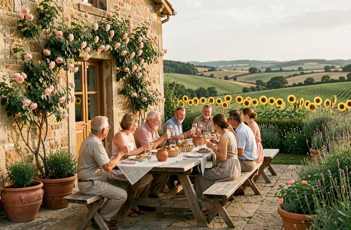 Terrasse champêtre du restaurant Aux Quatre Vents en Nouvelle-Aquitaine avec ferme en pierre, tables en bois rustique et vue sur les collines verdoyantes