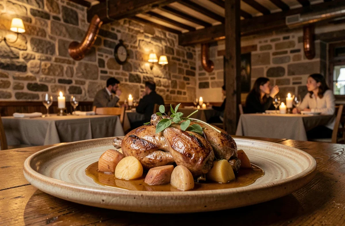 Assiette gastronomique soignée au restaurant Bacôve à Saint-Omer, dans un cadre de pierre ancienne à l'ambiance flamande