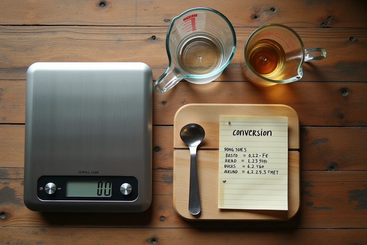 Vue aérienne d'une balance de cuisine en grammes et d'un verre doseur en centilitres avec notes de conversion