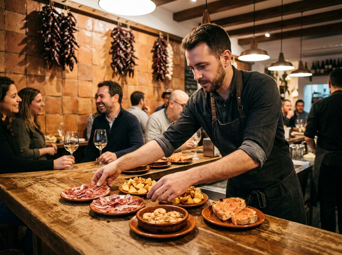 Barman arrangeant des tapas variées sur le comptoir d'un bar à tapas espagnol authentique avec carrelage en terre cuite et jambon ibérique