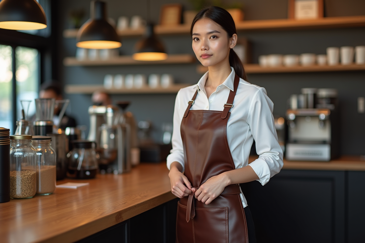 Jeune femme barista préparant un café dans un café moderne