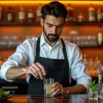 Barman mesurant précisément une dose de cocktail avec un jigger gradué derrière un bar en bois poli