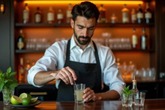 Barman mesurant précisément une dose de cocktail avec un jigger gradué derrière un bar en bois poli