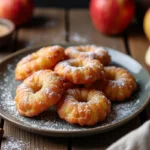 Beignets aux pommes dorés et croustillants saupoudrés de sucre glace sur une assiette en céramique rustique