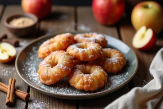 Beignets aux pommes dorés et croustillants saupoudrés de sucre glace sur une assiette en céramique rustique