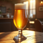 Verre de bière belge dans un chalice rustique sur une table en bois