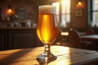 Verre de bière belge dans un chalice rustique sur une table en bois