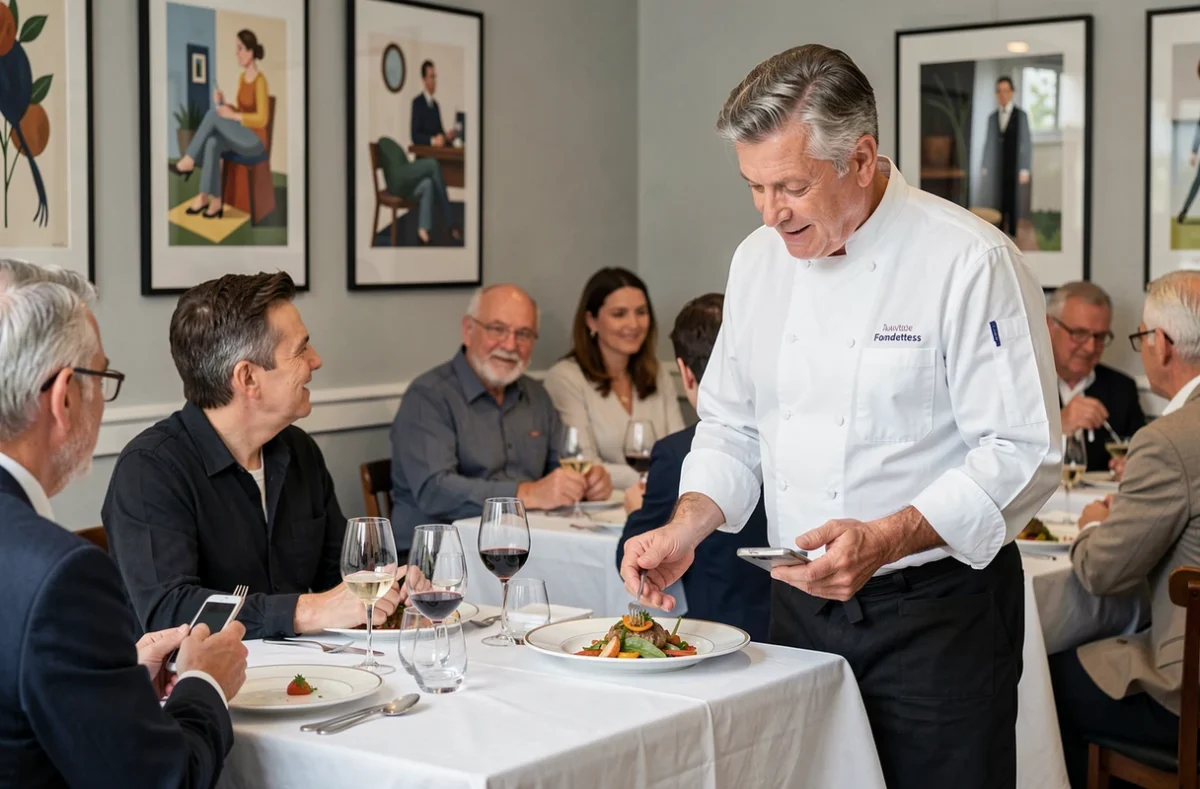 Chef expliquant un plat gastronomique à des convives au Bistrot Gourmand de Fondettes, salle élégante aux nappes blanches et art contemporain