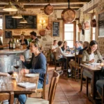 Intérieur chaleureux d'un bistrot traditionnel en Centre-Val de Loire avec comptoir en zinc, tables en bois et ardoises de menu