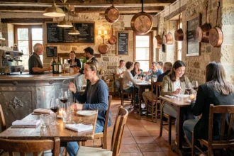 Intérieur chaleureux d'un bistrot traditionnel en Centre-Val de Loire avec comptoir en zinc, tables en bois et ardoises de menu
