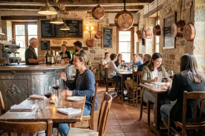 Intérieur chaleureux d'un bistrot traditionnel en Centre-Val de Loire avec comptoir en zinc, tables en bois et ardoises de menu